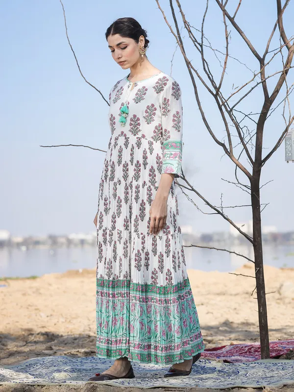 Sea green and white cotton kurti