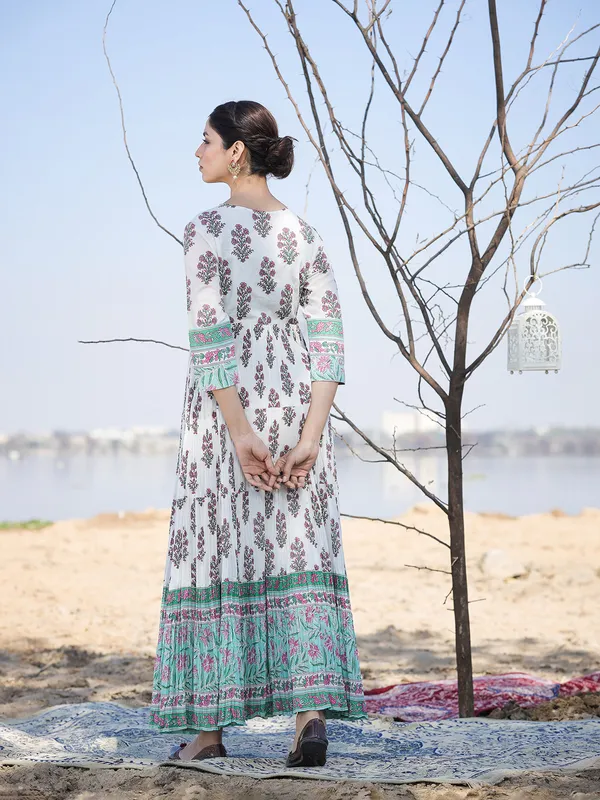 Sea green and white cotton kurti