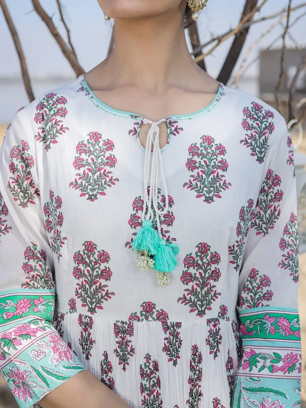 Sea green and white cotton kurti