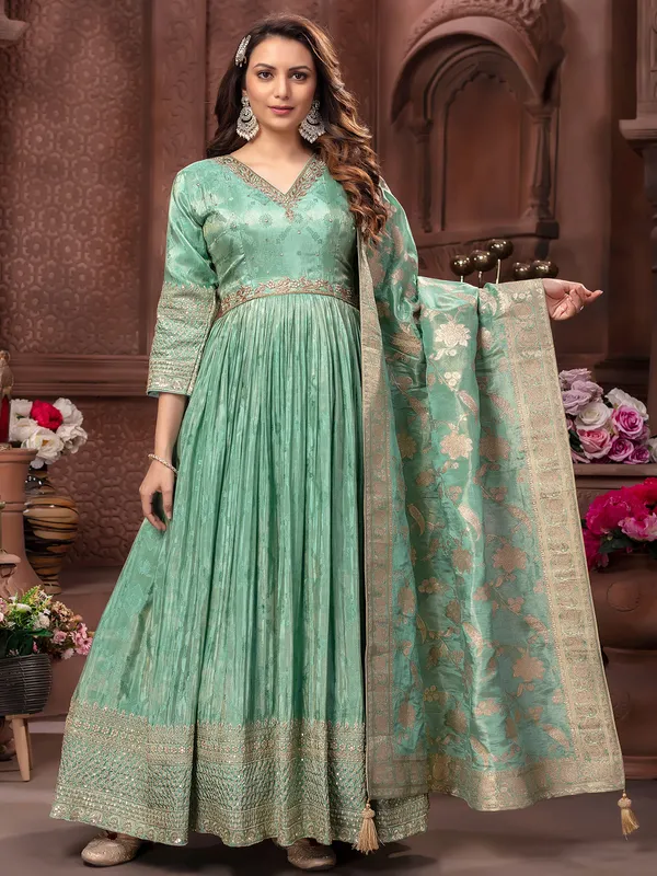 Sea green banarasi silk anarkali suit