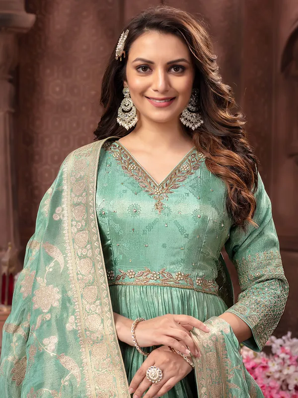 Sea green banarasi silk anarkali suit