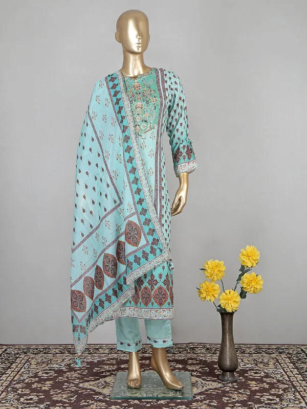 Sea green color festive look cotton pant suit