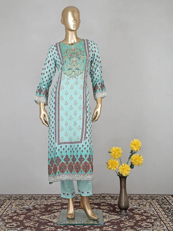 Sea green color festive look cotton pant suit