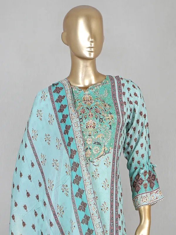 Sea green color festive look cotton pant suit