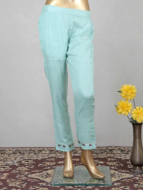 Sea green color festive look cotton pant suit