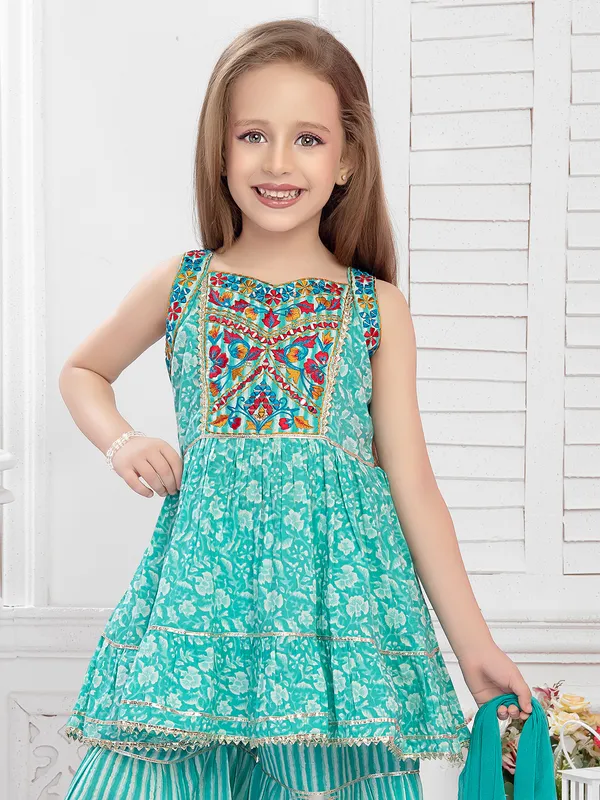 Sea green cotton embroidery sharara set