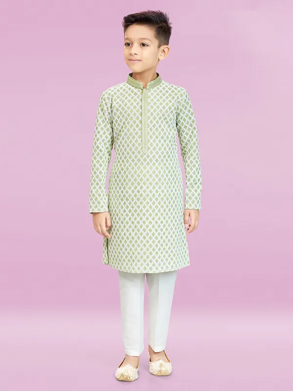 Sea green cotton festive kurta set for boys