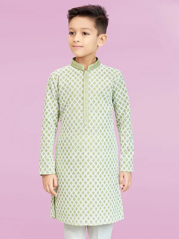 Sea green cotton festive kurta set for boys