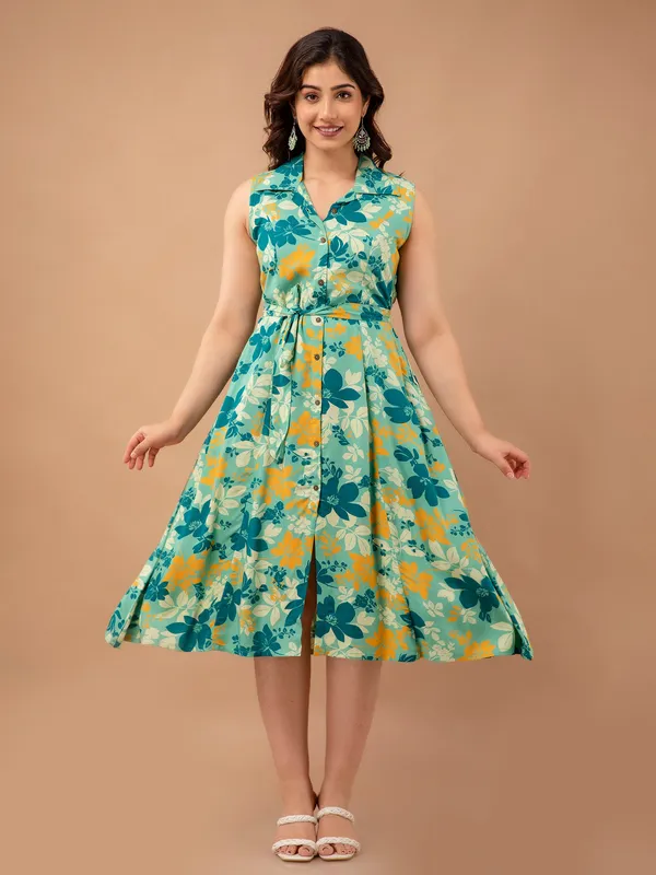 Sea green cotton floral printed long kurti