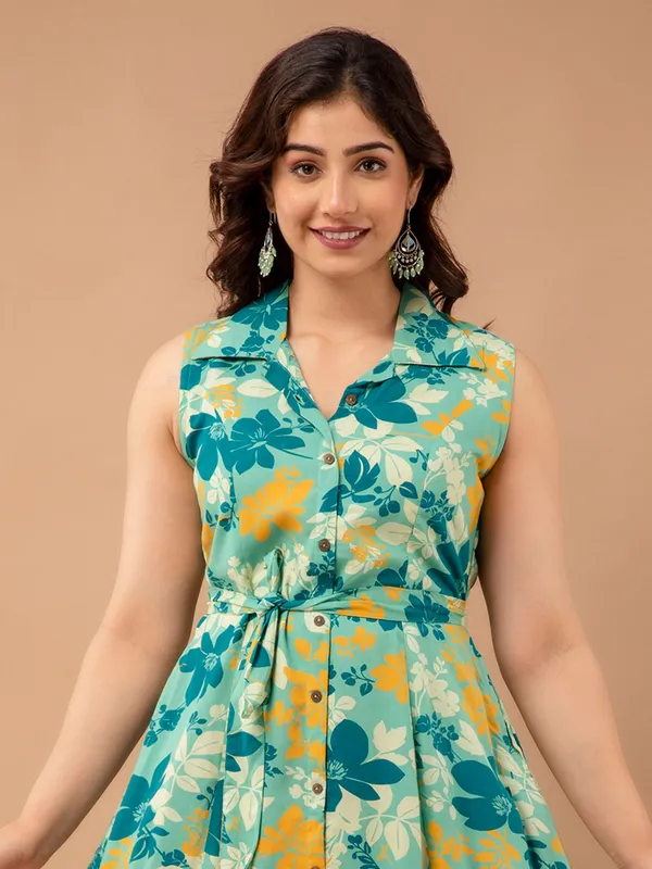 Sea green cotton floral printed long kurti