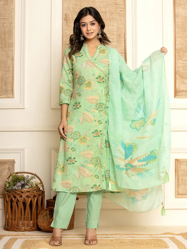 Sea green cotton kurti set with matching dupatta