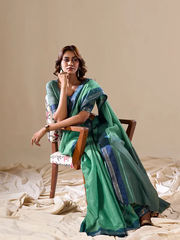 Sea green cotton plain saree