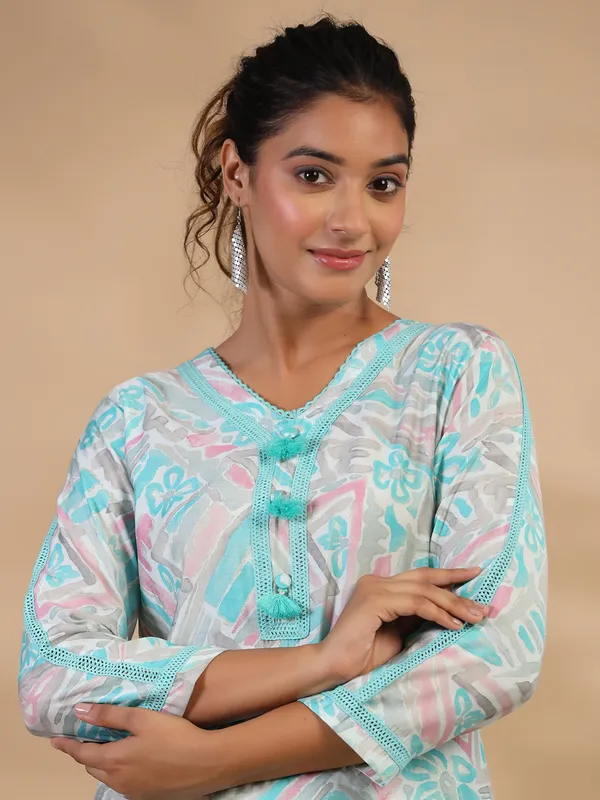 Sea green cotton printed casual co ord set