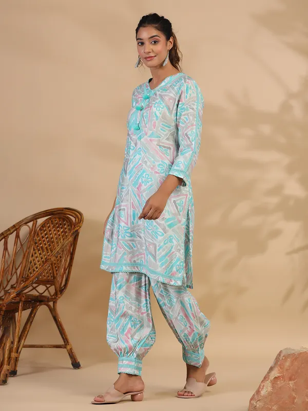 Sea green cotton printed casual co ord set