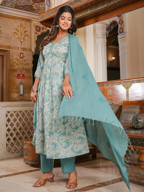 Sea green cotton printed kurti set with dupatta