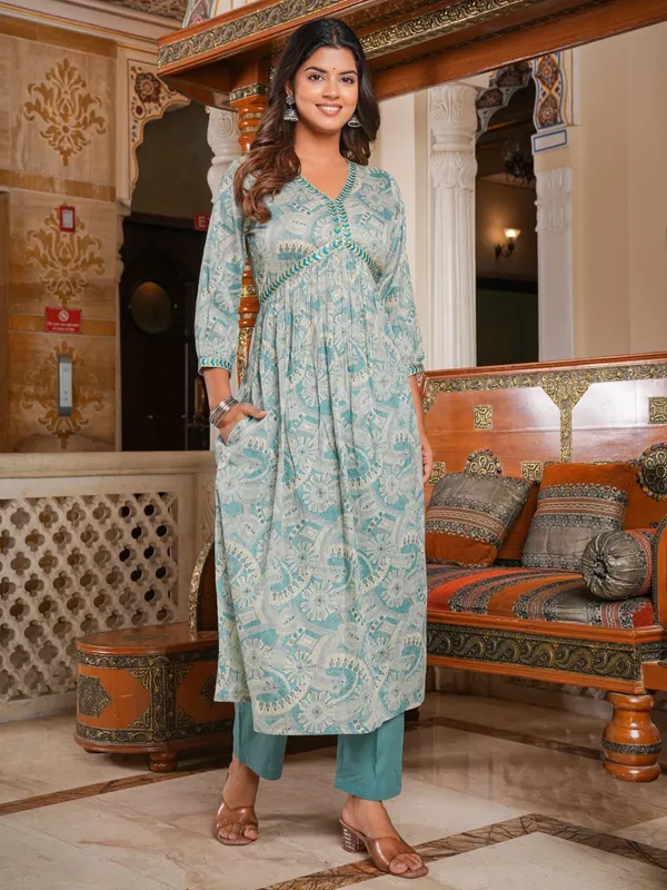Sea green cotton printed kurti set with dupatta