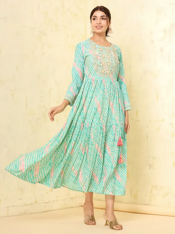 Sea green cotton printed long kurti