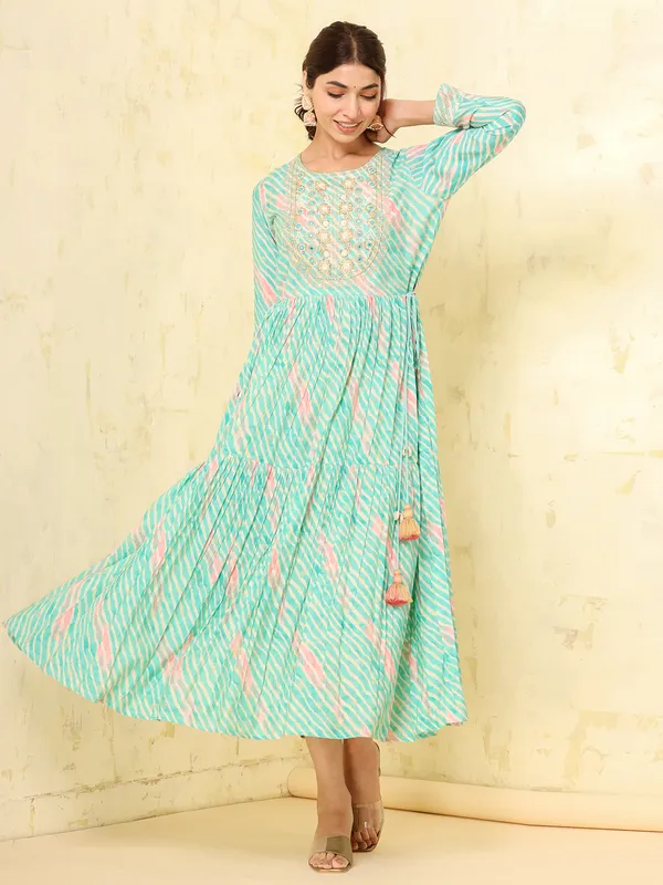Sea green cotton printed long kurti