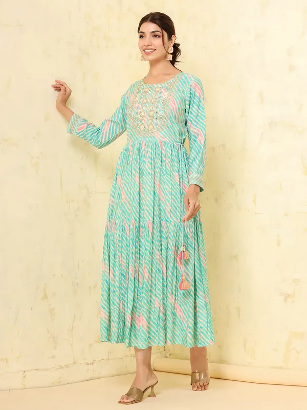 Sea green cotton printed long kurti