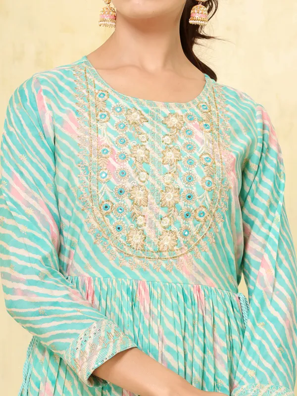 Sea green cotton printed long kurti