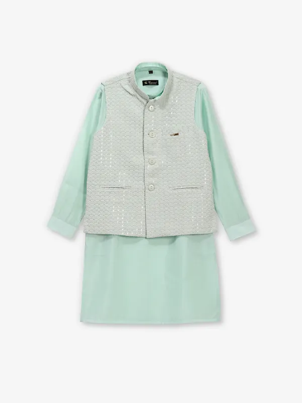 Sea green cotton silk embroidery waistcoat set