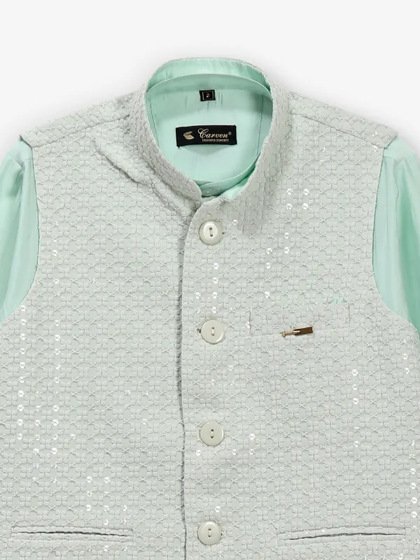 Sea green cotton silk embroidery waistcoat set