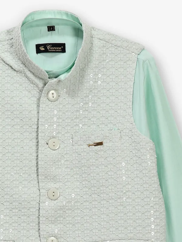 Sea green cotton silk embroidery waistcoat set