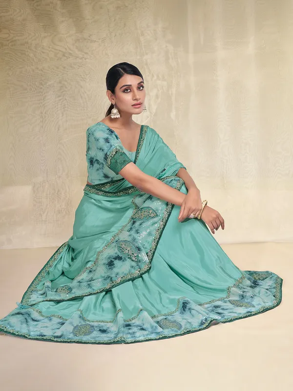 Sea green crepe silk saree