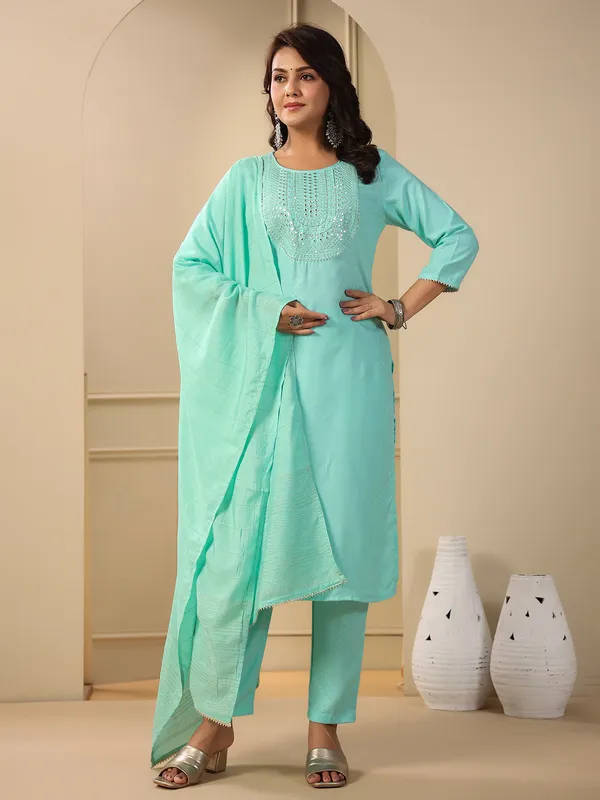Sea green embroidery kurti set