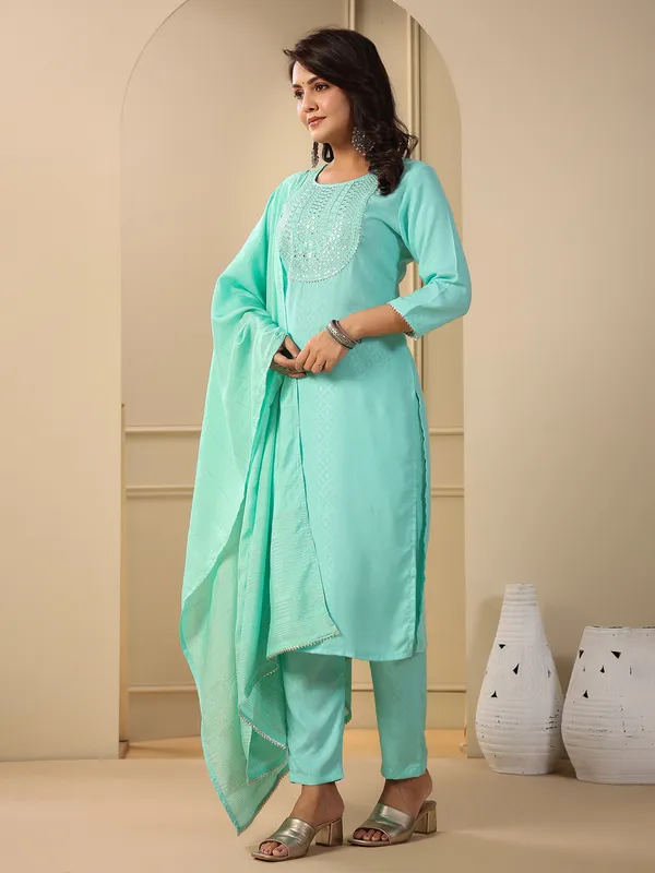 Sea green embroidery kurti set