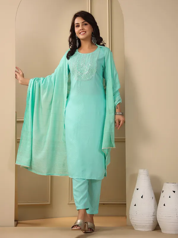 Sea green embroidery kurti set