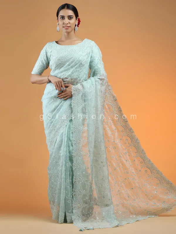 Powder blue extravagant wedding look saree in organza