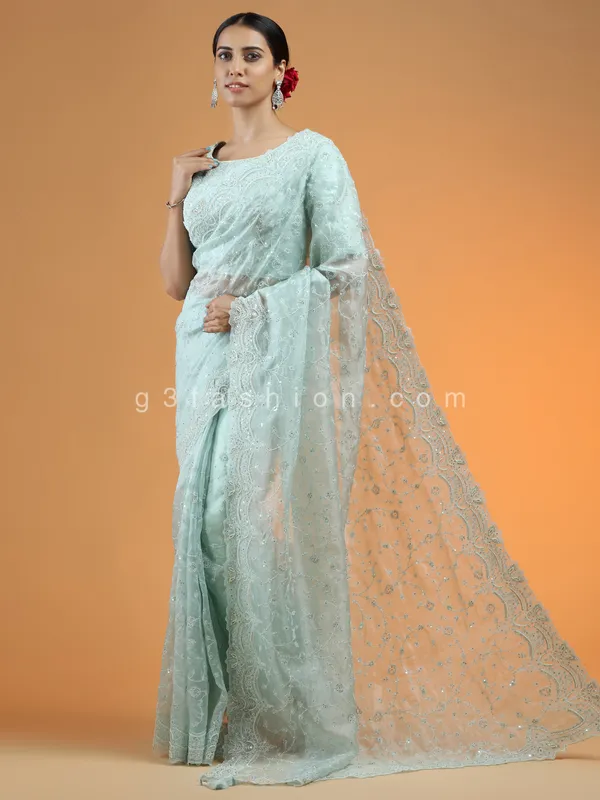 Powder blue extravagant wedding look saree in organza