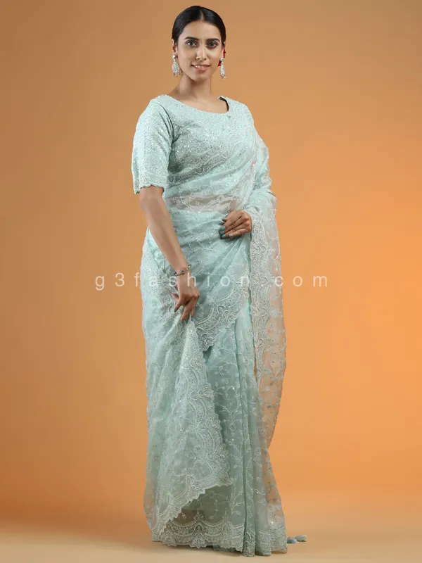 Powder blue extravagant wedding look saree in organza