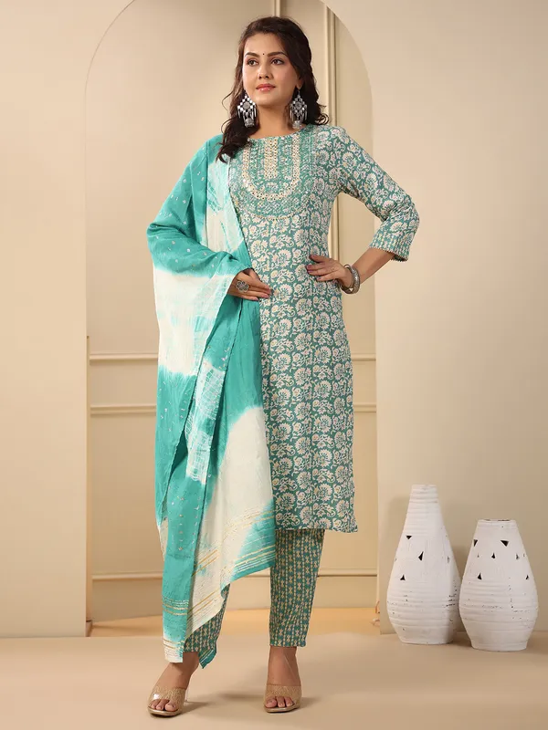 Sea green floral printed cotton kurti set