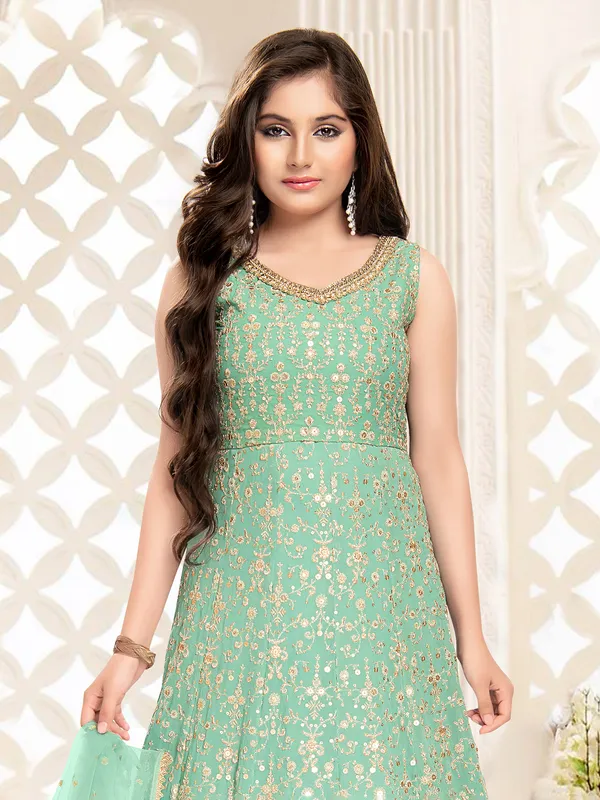 Sea green georgette anarkali suit with dupatta