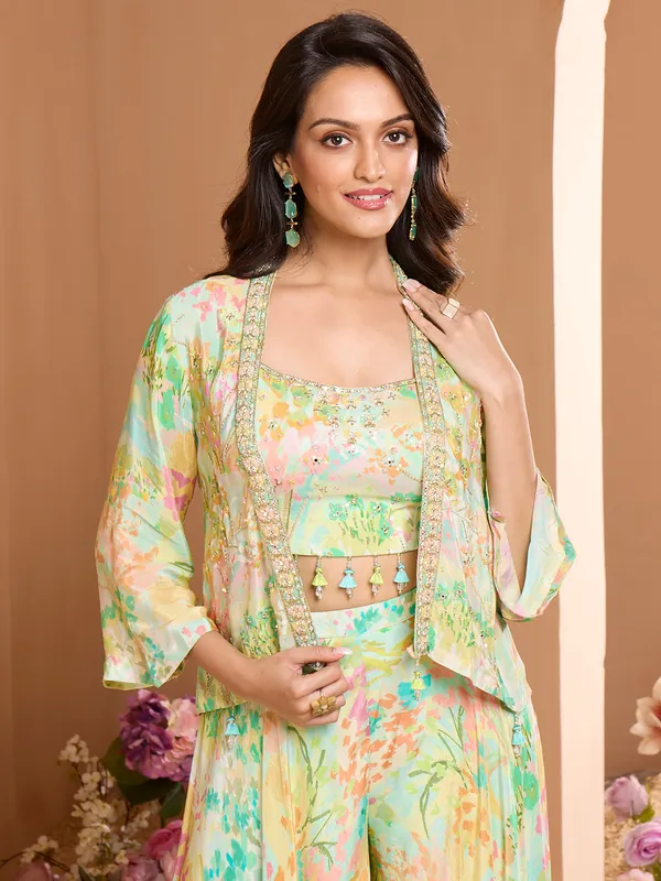 Sea green jacket style palazzo suit with multicolor prints