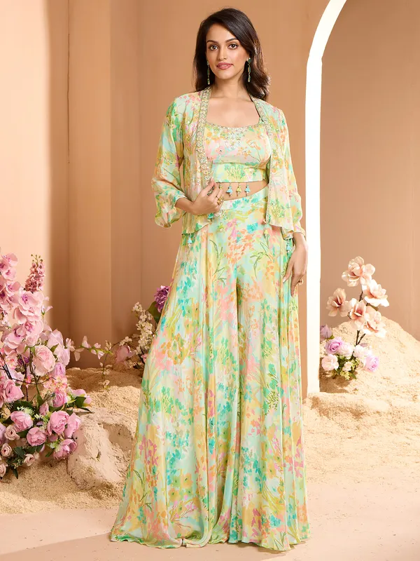 Sea green jacket style palazzo suit with multicolor prints
