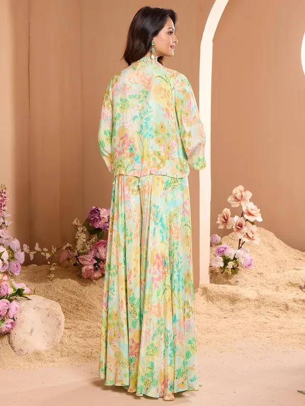 Sea green jacket style palazzo suit with multicolor prints