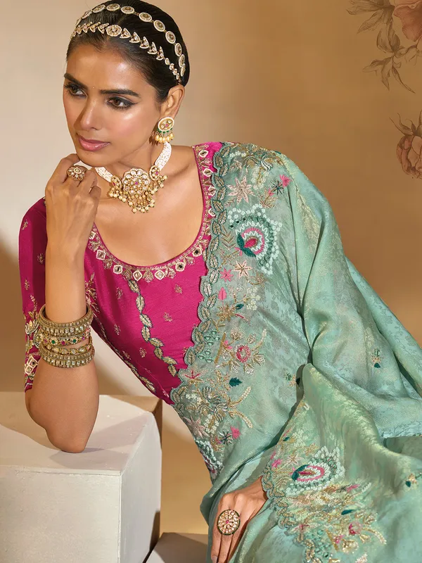 Sea green kanjivaram silk saree with zari shine