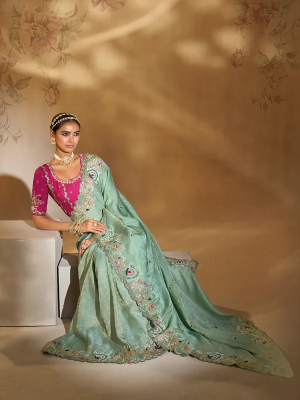 Sea green kanjivaram silk saree with zari shine