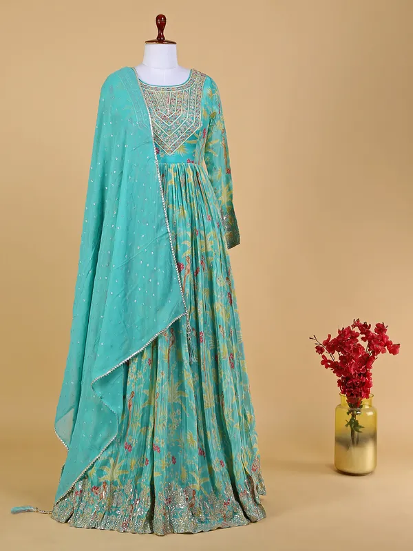 Sea green printed anarkali floor length suit