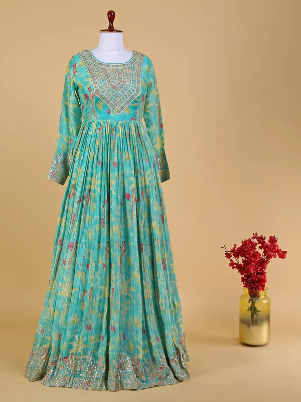 Sea green printed anarkali floor length suit