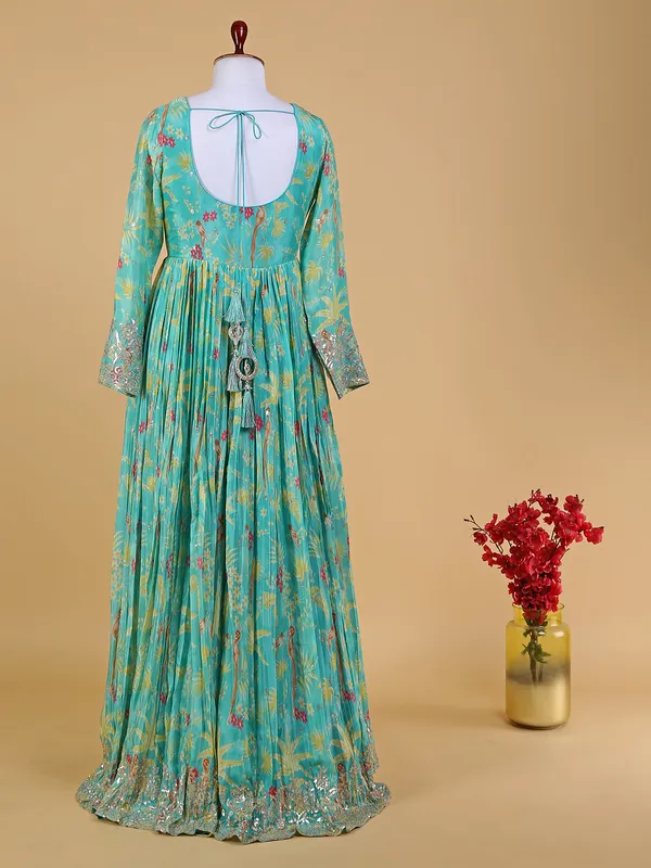 Sea green printed anarkali floor length suit