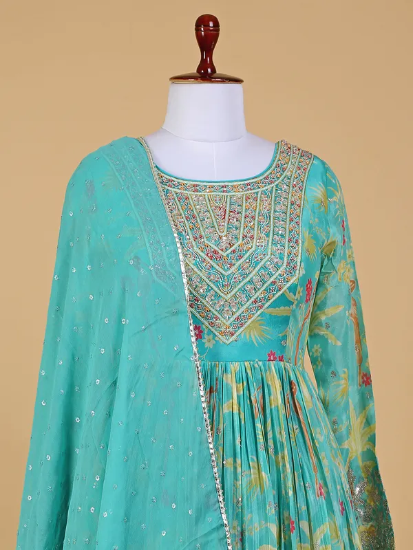 Sea green printed anarkali floor length suit