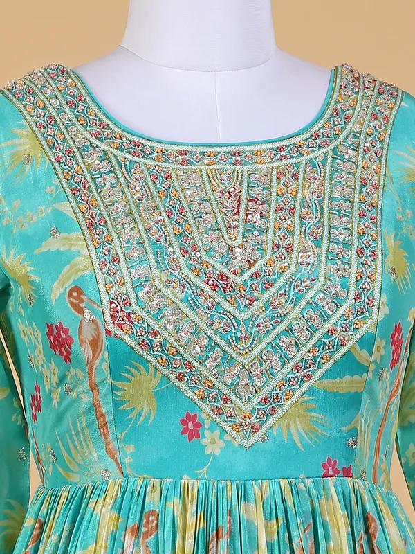 Sea green printed anarkali floor length suit