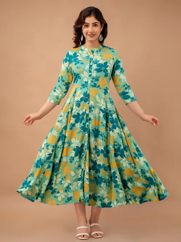 Sea green printed cotton long kurti