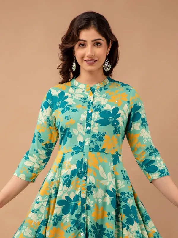 Sea green printed cotton long kurti