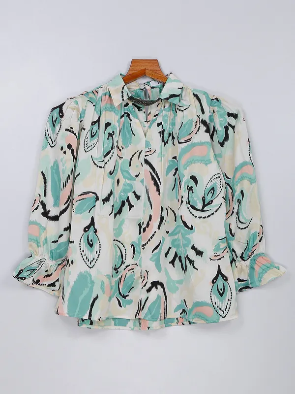 Sea green printed georgette top
