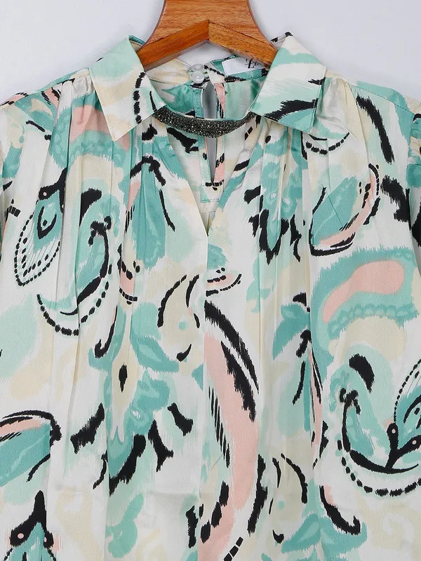 Sea green printed georgette top